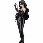 Black figure with long hair and gloves on a white background