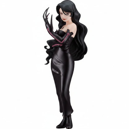 Black figure with long hair and gloves on a white background