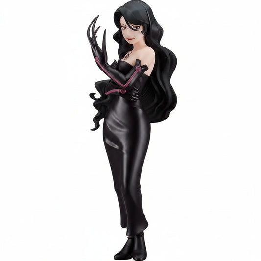 Black figure with long hair and gloves on a white background