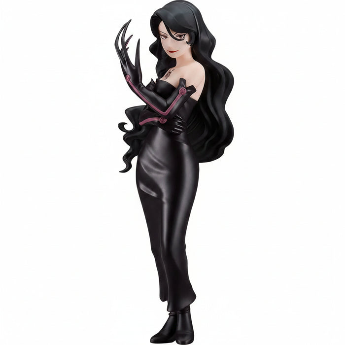 Black figure with long hair and gloves on a white background