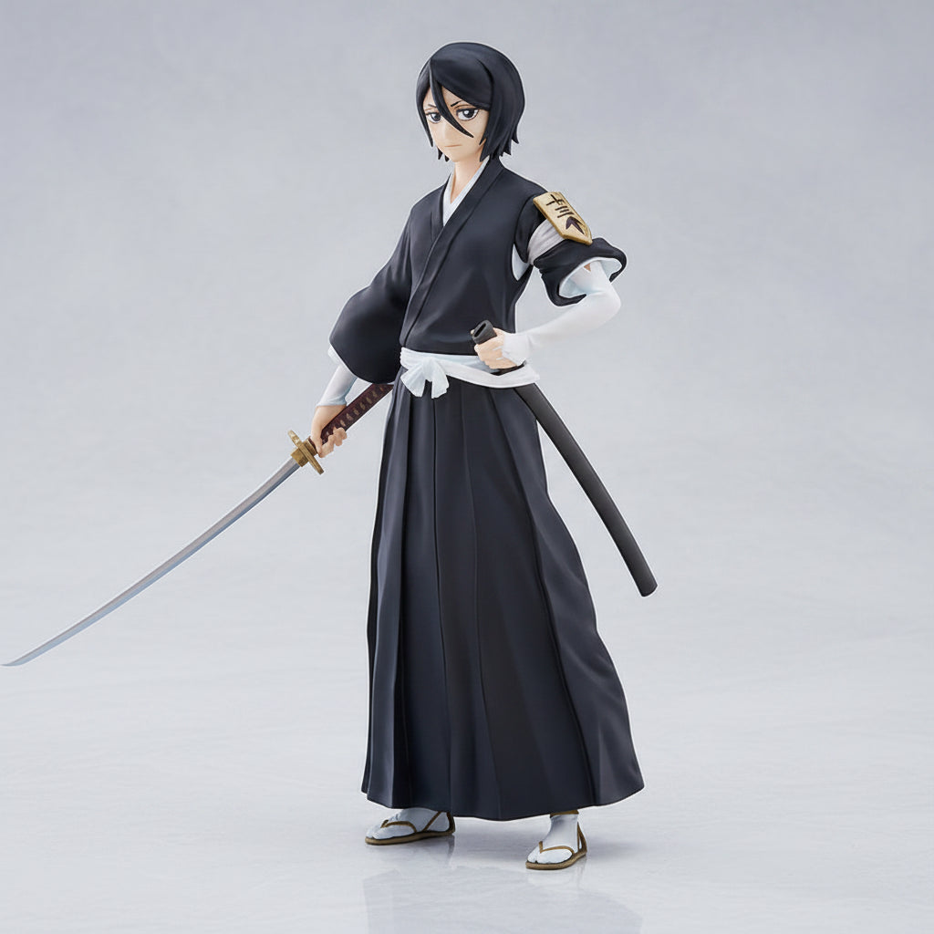 Anime character figure in black traditional outfit with a sword on a white background