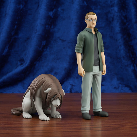 Two figurines of a person and a creature on a white background