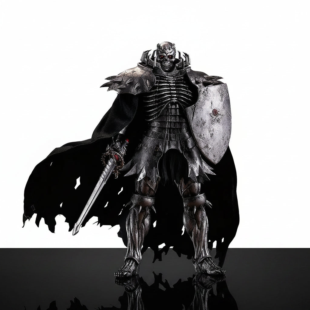 Dark fantasy warrior in armor with a sword and shield on a white background