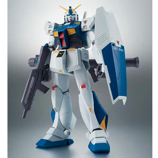 Model kit of a robot with blue and white color scheme on a gray background
