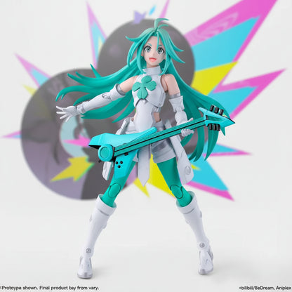 Action figure of a character with teal hair and outfit, holding a large blue weapon against a colorful abstract background.