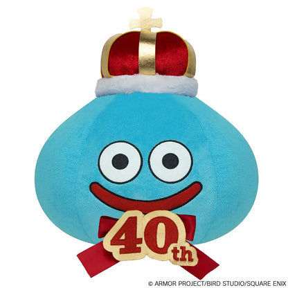Dragon Quest Slime Plush or Plushie toy that is blue with a crown and a 40th anniversary sign on its front