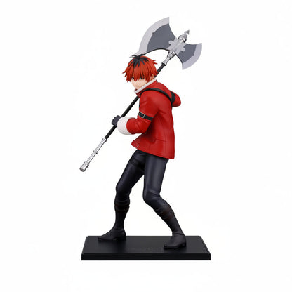OshiWorks Stark from Frieren Beyond Journey's end. A collectible anime figurine of a character with spiky red hair, wearing a red jacket and black pants, holding a large double-headed axe on a black display base against a white background.