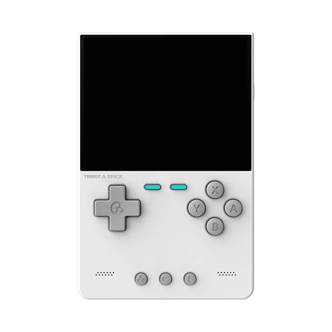 White TrimUi Brick handheld gaming console with a black screen on a white background