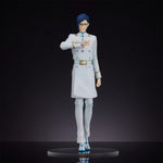 Figure in a white uniform with blue accents on a dark background