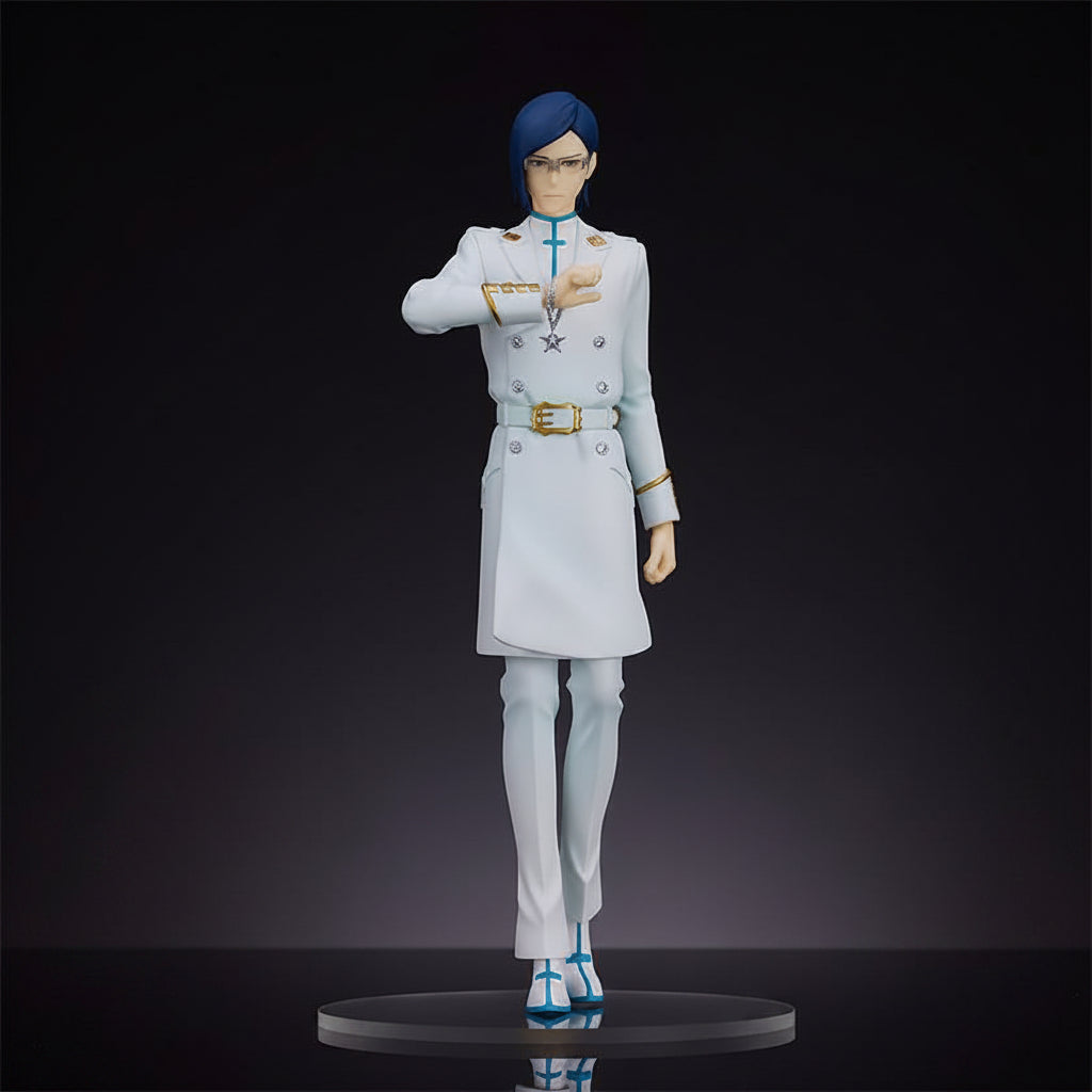 Figure in a white uniform with blue accents on a dark background