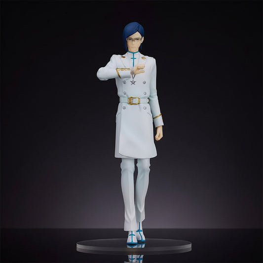 Figure in a white uniform with blue accents on a dark background