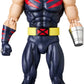 A Marvel Wolverine action figure on a plain white background. The figure features his signature black hair, red eyes, a dark blue and red costume with a yellow belt, and metallic silver gauntlets.