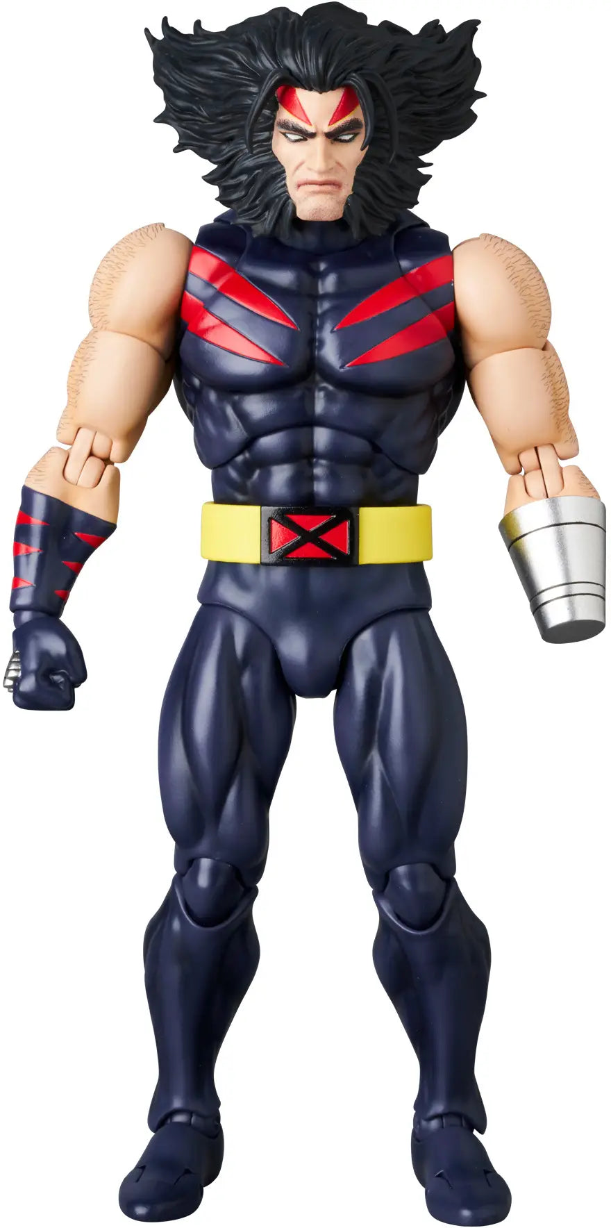 A Marvel Wolverine action figure on a plain white background. The figure features his signature black hair, red eyes, a dark blue and red costume with a yellow belt, and metallic silver gauntlets.