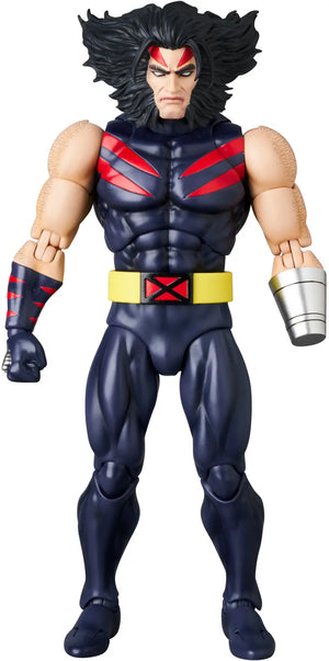 A Marvel Wolverine action figure on a plain white background. The figure features his signature black hair, red eyes, a dark blue and red costume with a yellow belt, and metallic silver gauntlets.