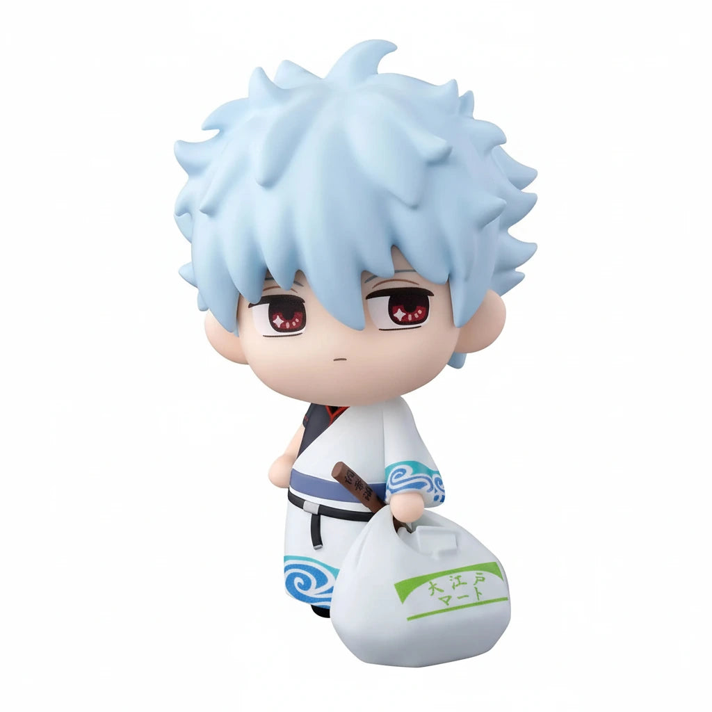 GIntama figurine with white hair and red eyes holding a bag on a white background