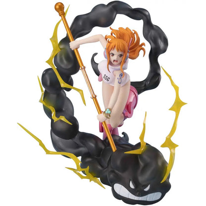 Nami one piece a staff, surrounded by black smoke and yellow cracks on a white background.