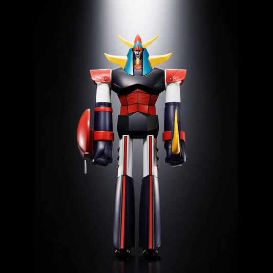 Colorful robot figure with red, yellow, and black accents on a dark background