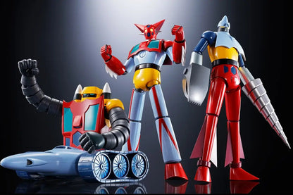 Three robot toy figures on a reflective surface with a dark background