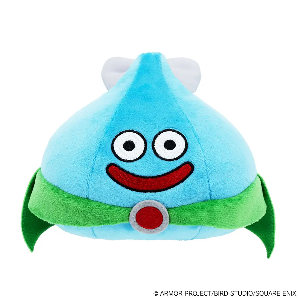 Blue Slime plush toy with a green belt and red buckle on a white background