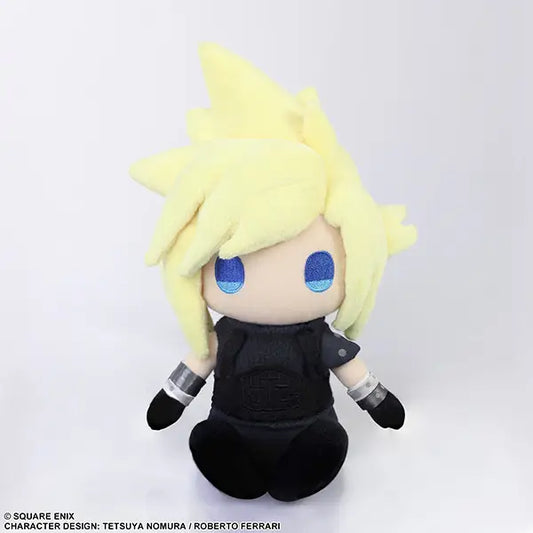 Cloud Strife Plush toy with blonde hair and blue eyes on a white background