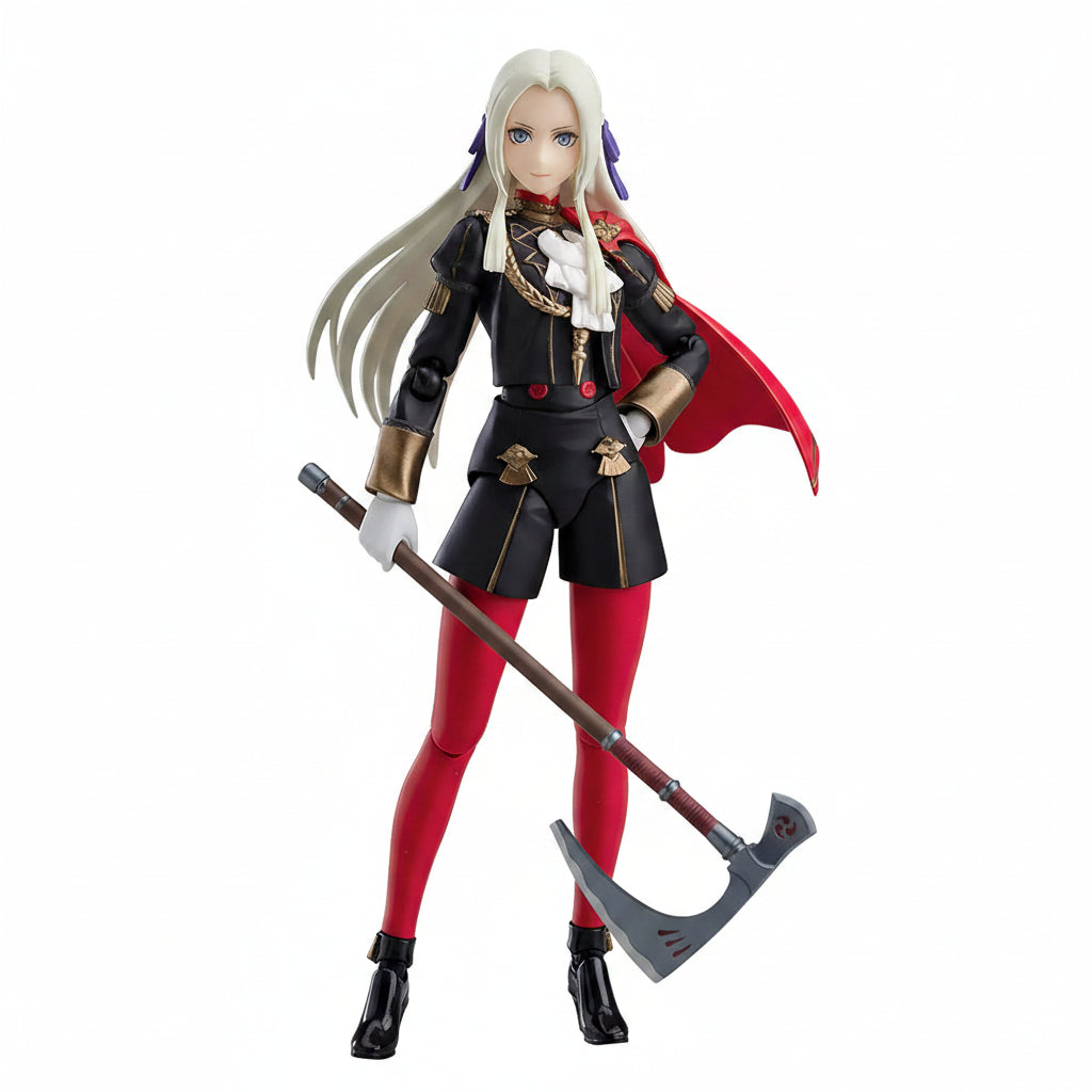 Figma Edelgard von Hresvelg (Fire Emblem: Three Houses) Action figure with white hair, red cape, and black outfit holding a weapon or axe