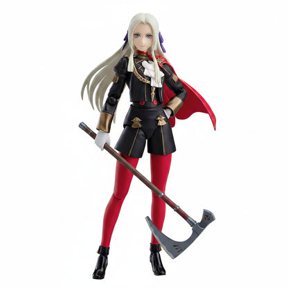Figma Edelgard von Hresvelg (Fire Emblem: Three Houses) Action figure with white hair, red cape, and black outfit holding a weapon or axe