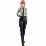 An action figure of a female anime character with pink hair, wearing a light beige shirt, black tie, black pants, and brown boots, shown against a plain white background.