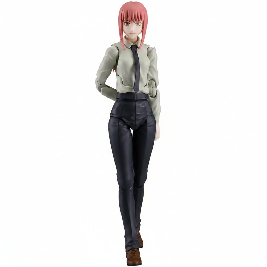 An action figure of a female anime character with pink hair, wearing a light beige shirt, black tie, black pants, and brown boots, shown against a plain white background.