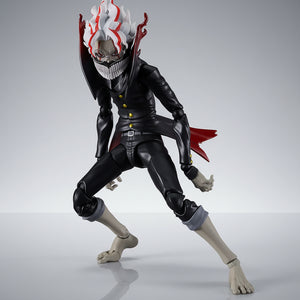 Action figure with a black outfit and red accents on a white background