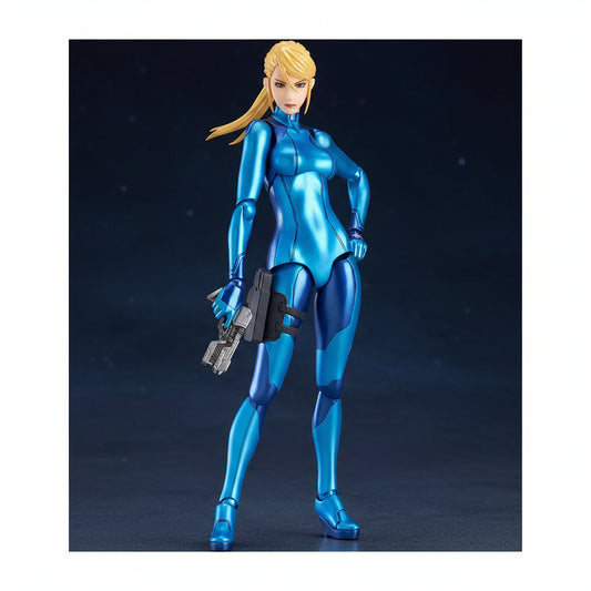Blue superhero figure with a gun on a white background