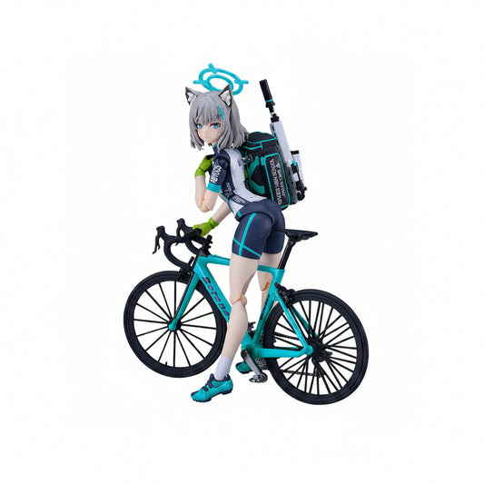 Figurine of a character with cat ears riding a bicycle on a white background