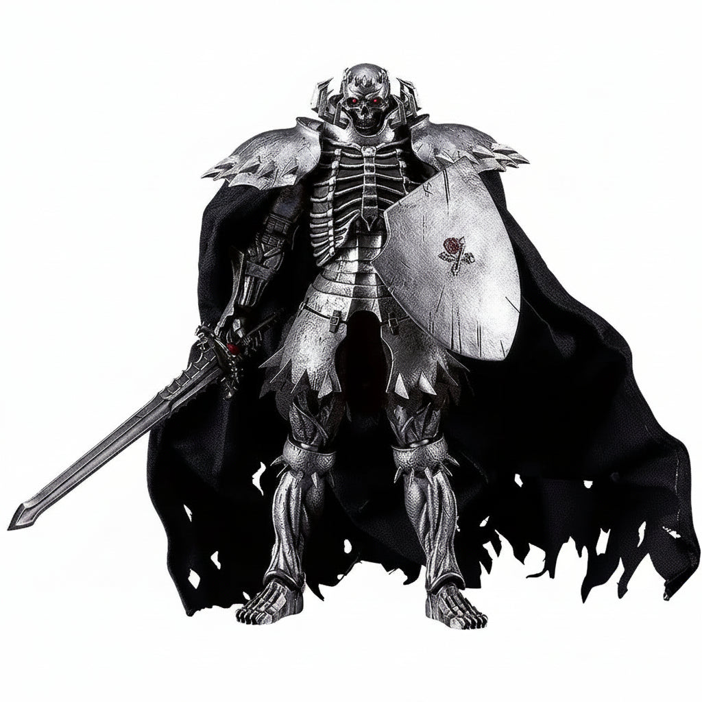 Dark fantasy warrior figure with armor, shield, and cape on a white background