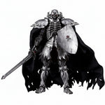 Dark fantasy warrior figure with armor, shield, and cape on a white background