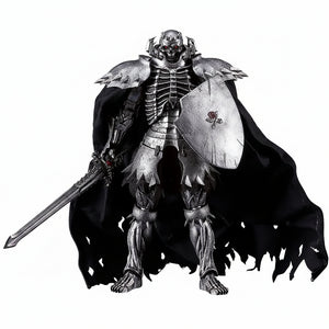 Dark fantasy warrior figure with armor, shield, and cape on a white background