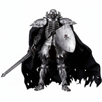 Dark fantasy warrior figure with armor, shield, and cape on a white background