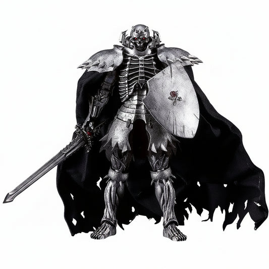Dark fantasy warrior figure with armor, shield, and cape on a white background