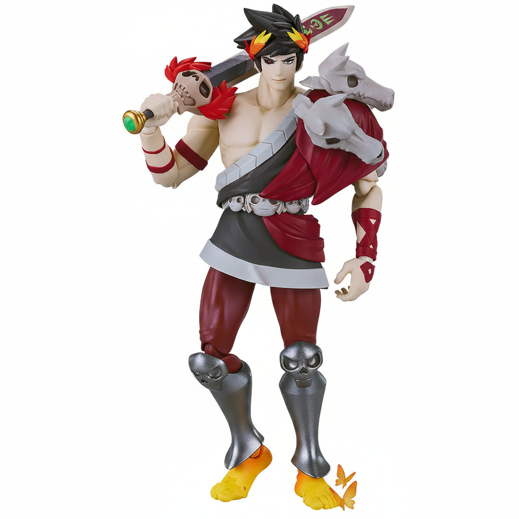 Action figure with red and silver outfit holding a sword on a white background