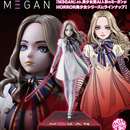 Action figure of a character named Megan with a stylized design, featuring a bow and a red background.