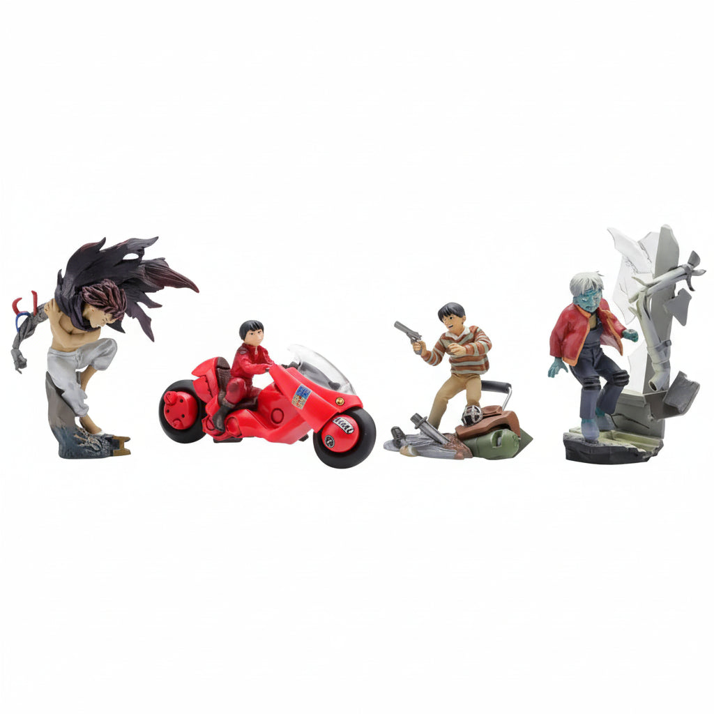 Set of action figure toys including a character on a motorcycle, a gun-wielding figure, and another standing on a rock.