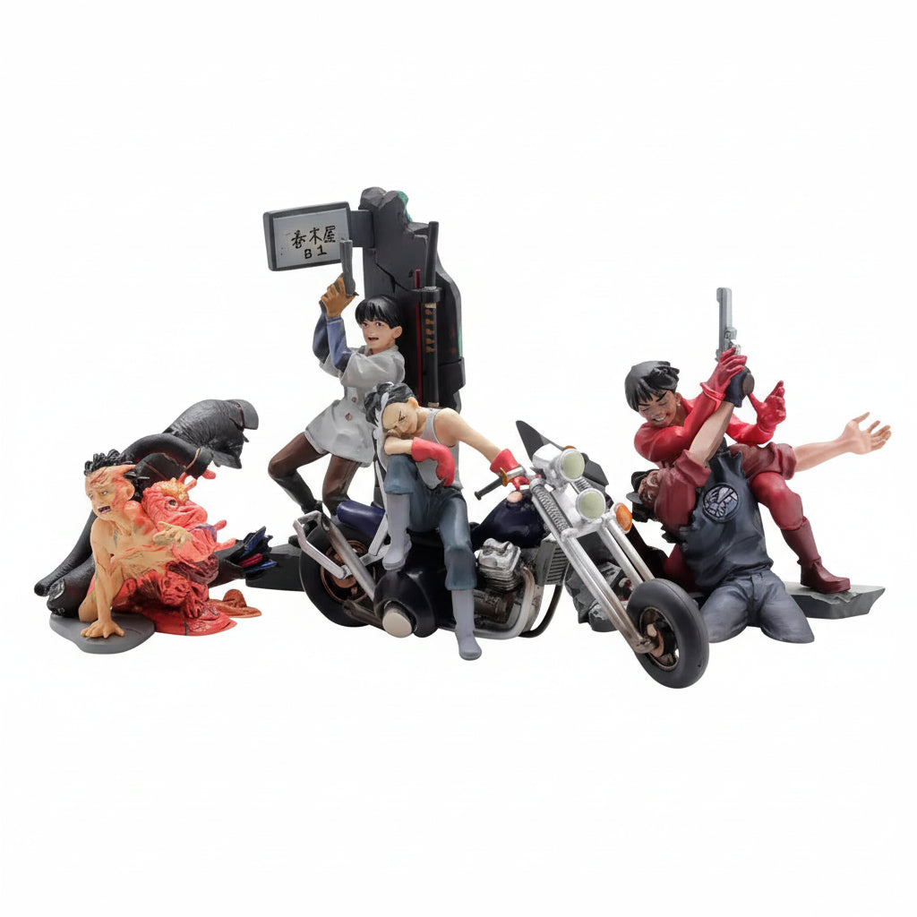 Action figure set with characters on a motorcycle and other figures around, on a white background