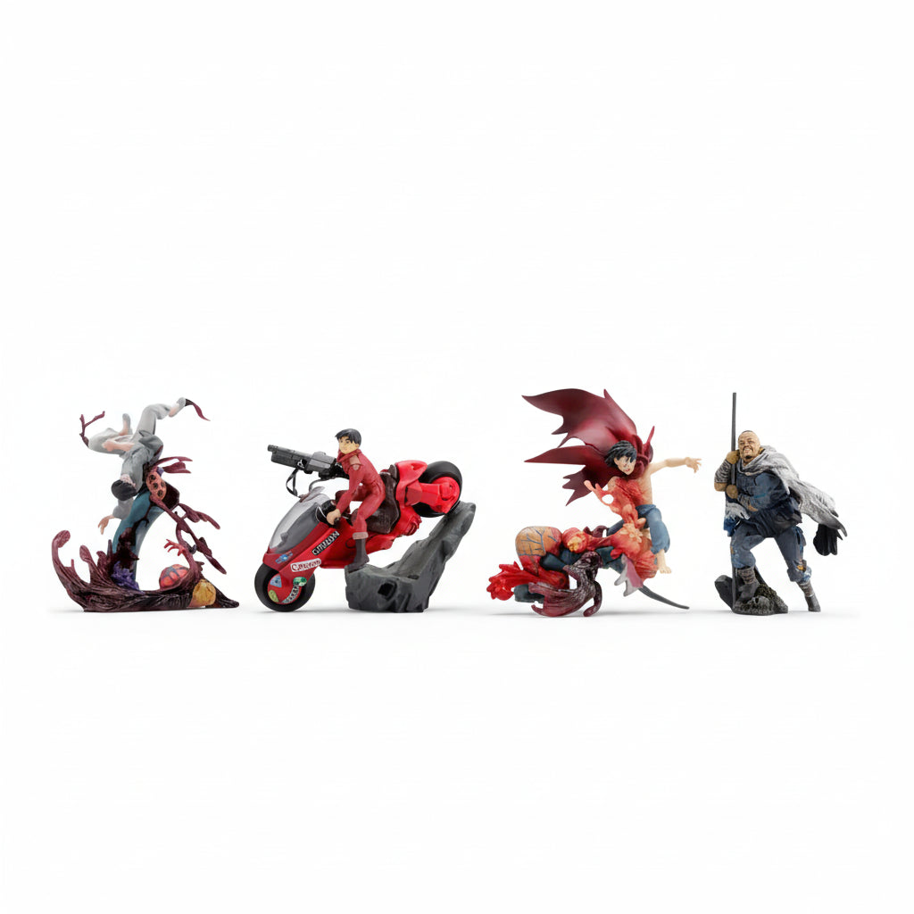 Collection of action figures in dynamic poses on a white background