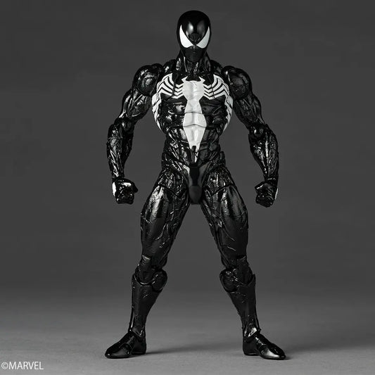 Marvel Venom action figure in a dynamic standing pose, featuring a glossy black symbiote suit with a white chest emblem and large white eyes, photographed against a dark gray studio background.