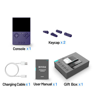 TrimUI Brick Gaming console with keycaps, charging cable, user manual, and gift box